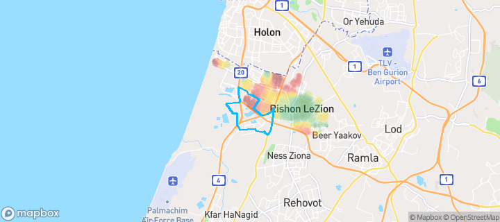 מפת חום של מחירי הנדל"ן בשכונת קרית חתני פרס נובל, ראשון לציון — אזורים יקרים בגווני חם, אזורים זולים בגווני קר