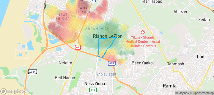 מפת חום של מחירי הנדל"ן בשכונת ראשונים, ראשון לציון — אזורים יקרים בגווני חם, אזורים זולים בגווני קר