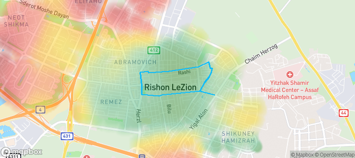 מפת חום של מחירי הנדל"ן בשכונת רמב"ם, ראשון לציון — אזורים יקרים בגווני חם, אזורים זולים בגווני קר