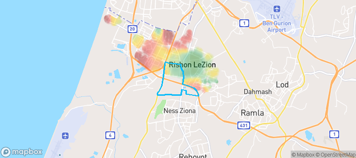 מפת חום של מחירי הנדל"ן בשכונת רמז, ראשון לציון — אזורים יקרים בגווני חם, אזורים זולים בגווני קר
