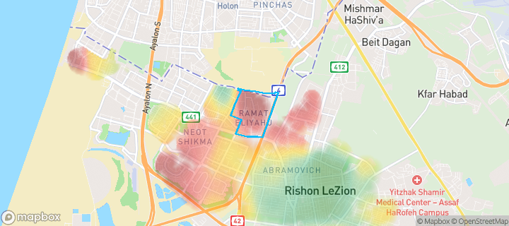 מפת חום של מחירי הנדל"ן בשכונת רמת אליהו, ראשון לציון — אזורים יקרים בגווני חם, אזורים זולים בגווני קר