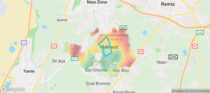מפת חום של מחירי הנדל"ן בשכונת נווה יהודה, רחובות — אזורים יקרים בגווני חם, אזורים זולים בגווני קר
