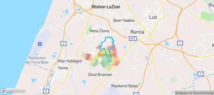 מפת חום של מחירי הנדל"ן בשכונת נווה מץ, רחובות — אזורים יקרים בגווני חם, אזורים זולים בגווני קר