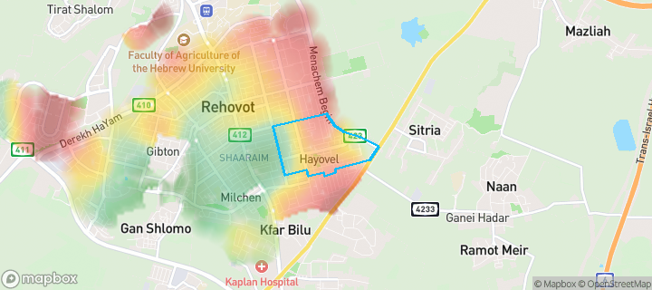 מפת חום של מחירי הנדל"ן בשכונת קרית דוד, רחובות — אזורים יקרים בגווני חם, אזורים זולים בגווני קר