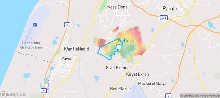 מפת חום של מחירי הנדל"ן בשכונת קרית משה, רחובות — אזורים יקרים בגווני חם, אזורים זולים בגווני קר