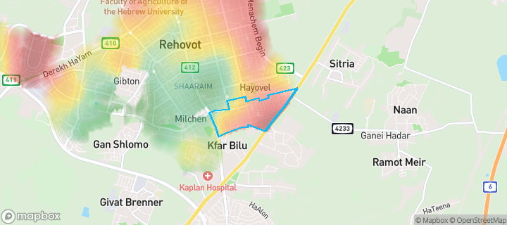 מפת חום של מחירי הנדל"ן בשכונת רמת אהרון, רחובות — אזורים יקרים בגווני חם, אזורים זולים בגווני קר
