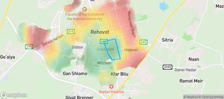 מפת חום של מחירי הנדל"ן בשכונת שעריים, רחובות — אזורים יקרים בגווני חם, אזורים זולים בגווני קר