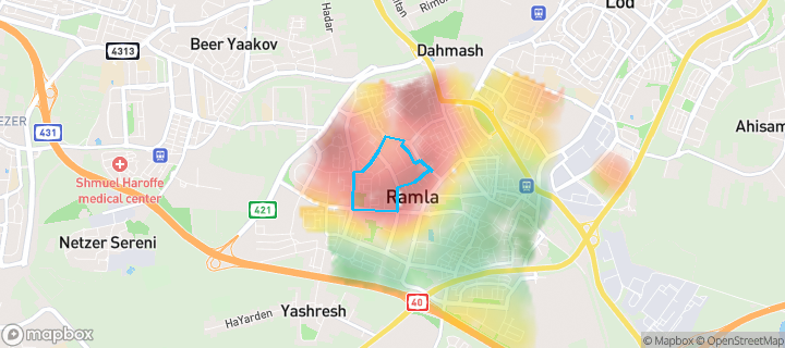 מפת חום של מחירי הנדל"ן בשכונת אשכול, רמלה — אזורים יקרים בגווני חם, אזורים זולים בגווני קר