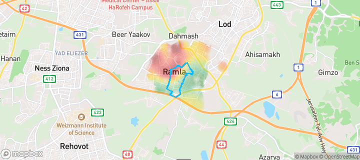 מפת חום של מחירי הנדל"ן בשכונת בן גוריון, רמלה — אזורים יקרים בגווני חם, אזורים זולים בגווני קר