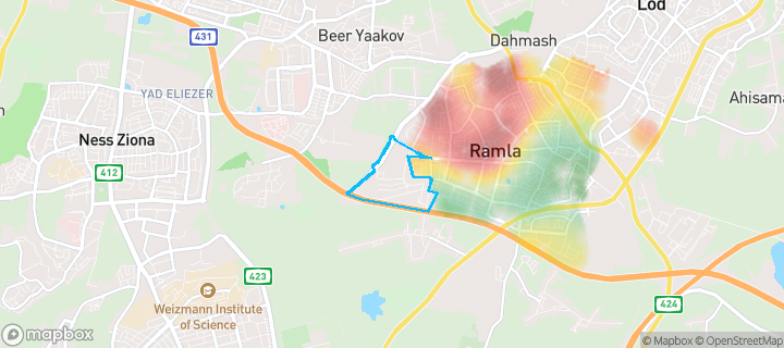 מפת חום של מחירי הנדל"ן בשכונת ג'ואריש, רמלה — אזורים יקרים בגווני חם, אזורים זולים בגווני קר