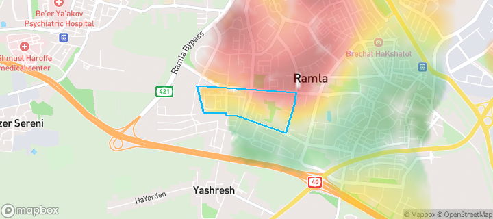 מפת חום של מחירי הנדל"ן בשכונת גני דן, רמלה — אזורים יקרים בגווני חם, אזורים זולים בגווני קר