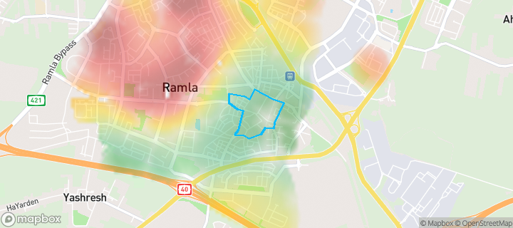 מפת חום של מחירי הנדל"ן בשכונת דרום מזרח, רמלה — אזורים יקרים בגווני חם, אזורים זולים בגווני קר