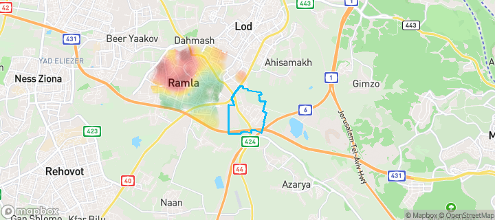 מפת חום של מחירי הנדל"ן בשכונת מזרח 1, רמלה — אזורים יקרים בגווני חם, אזורים זולים בגווני קר
