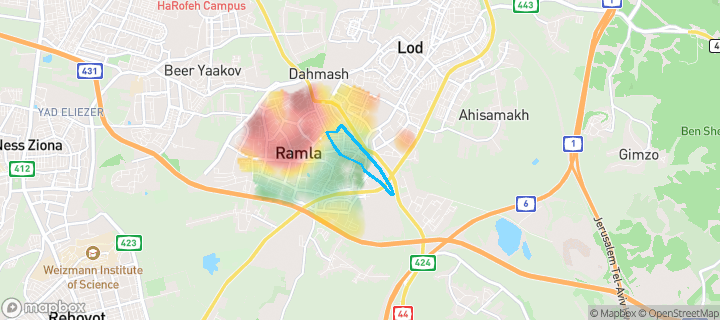 מפת חום של מחירי הנדל"ן בשכונת מזרח 2, רמלה — אזורים יקרים בגווני חם, אזורים זולים בגווני קר