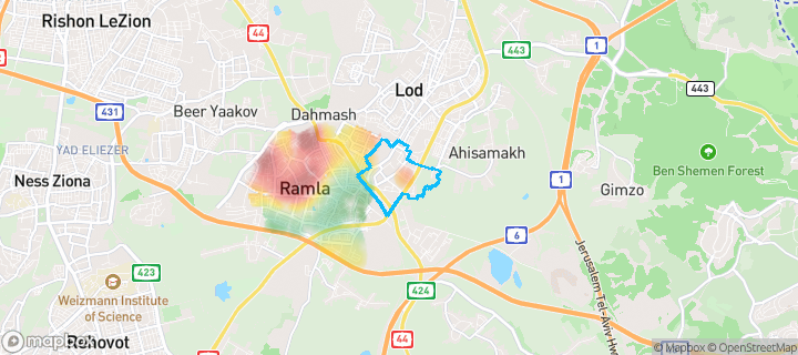 מפת חום של מחירי הנדל"ן בשכונת נאות יצחק, רמלה — אזורים יקרים בגווני חם, אזורים זולים בגווני קר