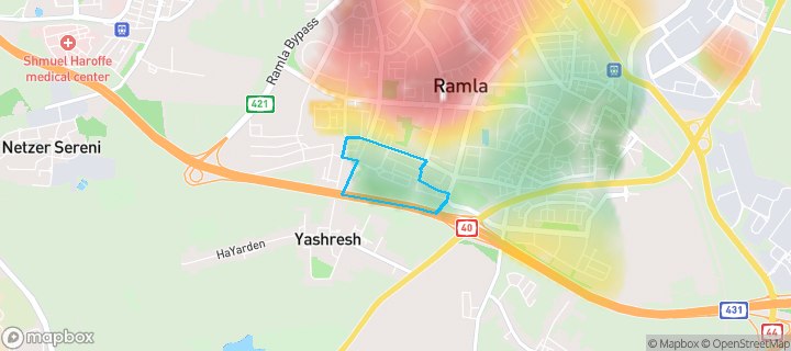 מפת חום של מחירי הנדל"ן בשכונת נאות רבין, רמלה — אזורים יקרים בגווני חם, אזורים זולים בגווני קר
