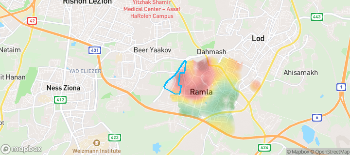 מפת חום של מחירי הנדל"ן בשכונת נאות שמיר, רמלה — אזורים יקרים בגווני חם, אזורים זולים בגווני קר