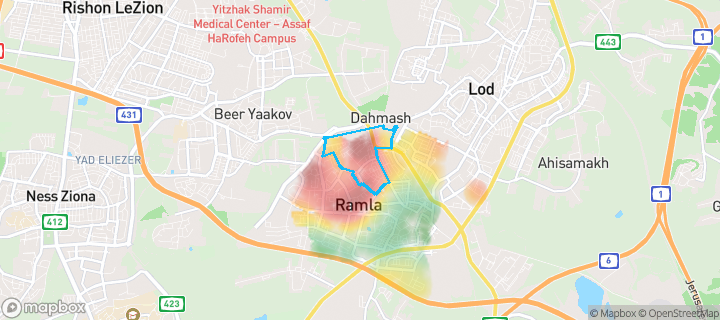 מפת חום של מחירי הנדל"ן בשכונת נווה דוד, רמלה — אזורים יקרים בגווני חם, אזורים זולים בגווני קר