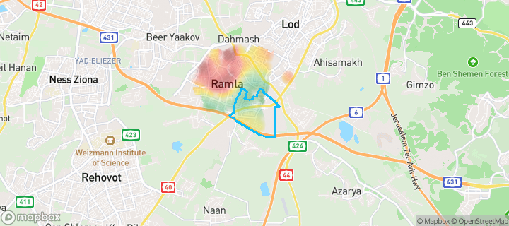 מפת חום של מחירי הנדל"ן בשכונת קריית האמנים, רמלה — אזורים יקרים בגווני חם, אזורים זולים בגווני קר