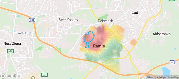 מפת חום של מחירי הנדל"ן בשכונת רמת דן, רמלה — אזורים יקרים בגווני חם, אזורים זולים בגווני קר