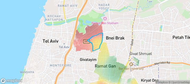 מפת חום של מחירי הנדל"ן בשכונת בן גוריון, רמת גן — אזורים יקרים בגווני חם, אזורים זולים בגווני קר