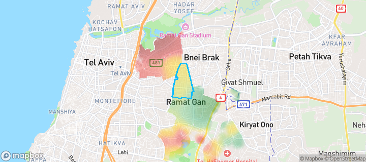 מפת חום של מחירי הנדל"ן בשכונת יד לבנים, רמת גן — אזורים יקרים בגווני חם, אזורים זולים בגווני קר