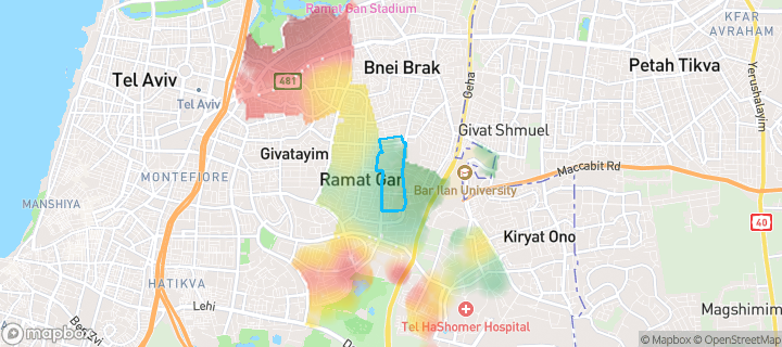 מפת חום של מחירי הנדל"ן בשכונת מזרחי, רמת גן — אזורים יקרים בגווני חם, אזורים זולים בגווני קר