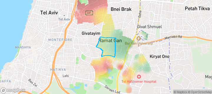 מפת חום של מחירי הנדל"ן בשכונת מתחם נגבה, רמת גן — אזורים יקרים בגווני חם, אזורים זולים בגווני קר