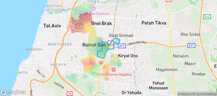 מפת חום של מחירי הנדל"ן בשכונת נאות אריאל שרון, רמת גן — אזורים יקרים בגווני חם, אזורים זולים בגווני קר