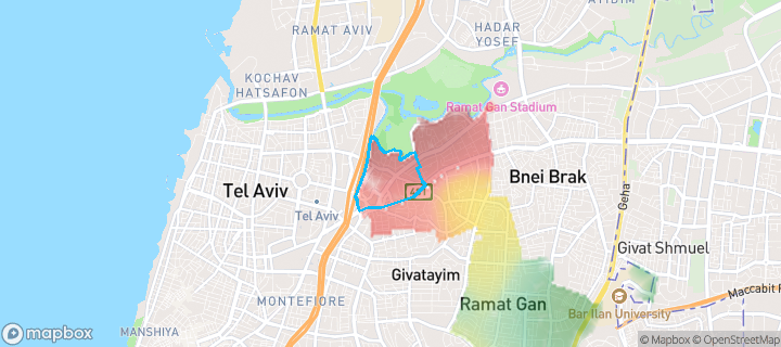 מפת חום של מחירי הנדל"ן בשכונת תל בנימין, רמת גן — אזורים יקרים בגווני חם, אזורים זולים בגווני קר