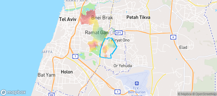 מפת חום של מחירי הנדל"ן בשכונת תל השומר, רמת גן — אזורים יקרים בגווני חם, אזורים זולים בגווני קר