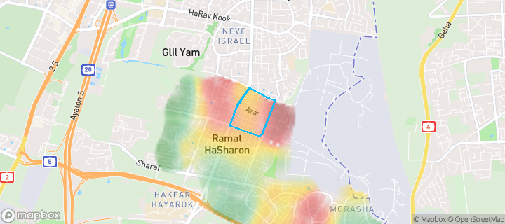 מפת חום של מחירי הנדל"ן בשכונת אלון, רמת השרון — אזורים יקרים בגווני חם, אזורים זולים בגווני קר