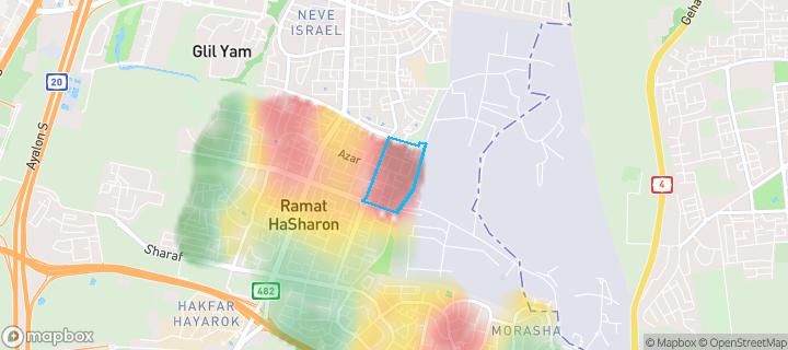 מפת חום של מחירי הנדל"ן בשכונת ארינה, רמת השרון — אזורים יקרים בגווני חם, אזורים זולים בגווני קר