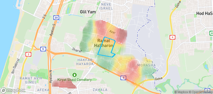 מפת חום של מחירי הנדל"ן בשכונת הדר, רמת השרון — אזורים יקרים בגווני חם, אזורים זולים בגווני קר