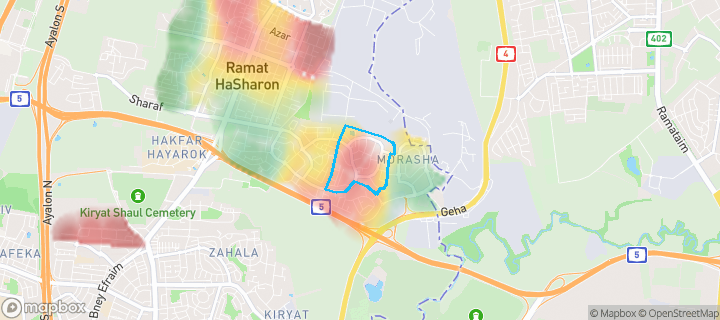 מפת חום של מחירי הנדל"ן בשכונת מורשה ג', רמת השרון — אזורים יקרים בגווני חם, אזורים זולים בגווני קר