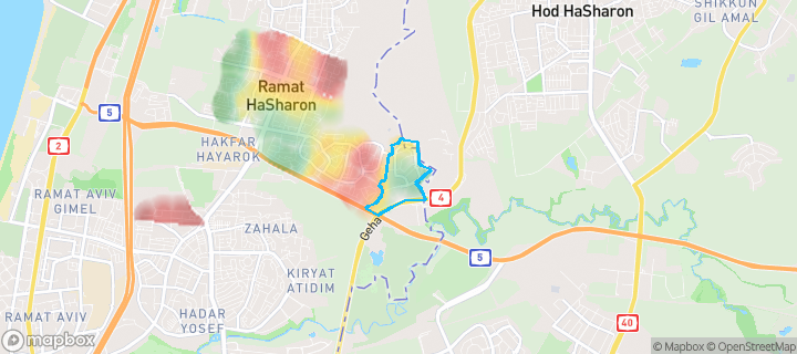 מפת חום של מחירי הנדל"ן בשכונת מורשה, רמת השרון — אזורים יקרים בגווני חם, אזורים זולים בגווני קר