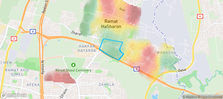 מפת חום של מחירי הנדל"ן בשכונת נווה רסקו, רמת השרון — אזורים יקרים בגווני חם, אזורים זולים בגווני קר