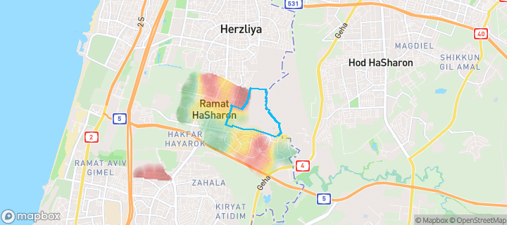 מפת חום של מחירי הנדל"ן בשכונת עממי, רמת השרון — אזורים יקרים בגווני חם, אזורים זולים בגווני קר
