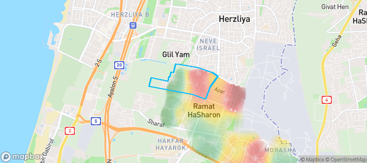 מפת חום של מחירי הנדל"ן בשכונת קרית יערים, רמת השרון — אזורים יקרים בגווני חם, אזורים זולים בגווני קר