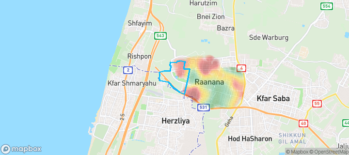מפת חום של מחירי הנדל"ן בשכונת לב הפארק, רעננה — אזורים יקרים בגווני חם, אזורים זולים בגווני קר