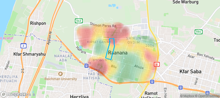 מפת חום של מחירי הנדל"ן בשכונת עמידר, רעננה — אזורים יקרים בגווני חם, אזורים זולים בגווני קר
