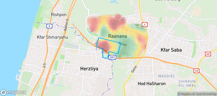 מפת חום של מחירי הנדל"ן בשכונת קריית הפרחים, רעננה — אזורים יקרים בגווני חם, אזורים זולים בגווני קר