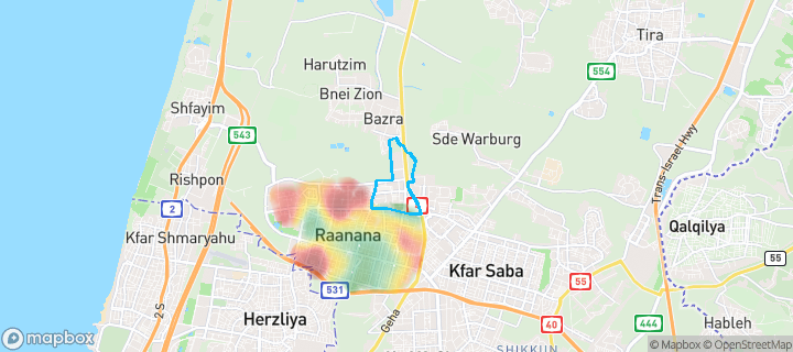 מפת חום של מחירי הנדל"ן בשכונת קרית אתגרים, רעננה — אזורים יקרים בגווני חם, אזורים זולים בגווני קר