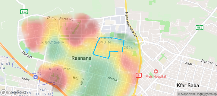 מפת חום של מחירי הנדל"ן בשכונת קרית גולומב, רעננה — אזורים יקרים בגווני חם, אזורים זולים בגווני קר