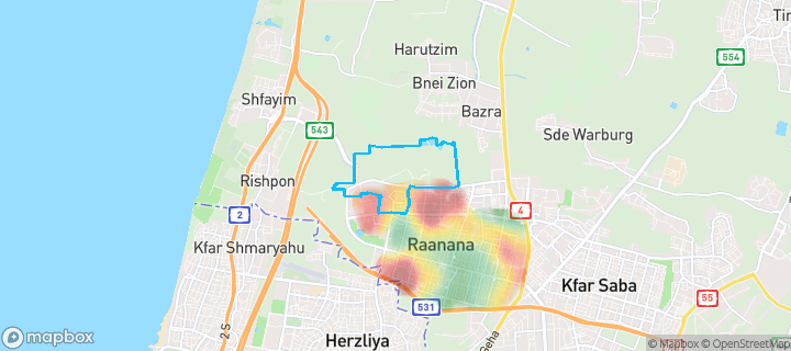 מפת חום של מחירי הנדל"ן בשכונת קרית שרת, רעננה — אזורים יקרים בגווני חם, אזורים זולים בגווני קר