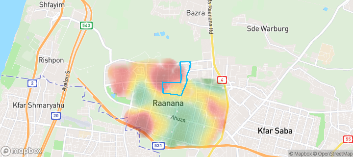 מפת חום של מחירי הנדל"ן בשכונת רסקו (קריית בן צבי), רעננה — אזורים יקרים בגווני חם, אזורים זולים בגווני קר