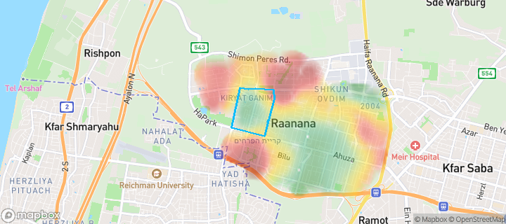 מפת חום של מחירי הנדל"ן בשכונת שיכון אשר, רעננה — אזורים יקרים בגווני חם, אזורים זולים בגווני קר