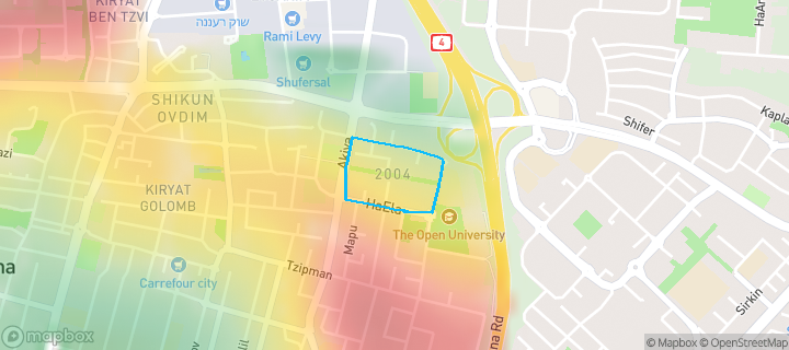 מפת חום של מחירי הנדל"ן בשכונת 2004 - קריית האוניברסיטה, רעננה — אזורים יקרים בגווני חם, אזורים זולים בגווני קר