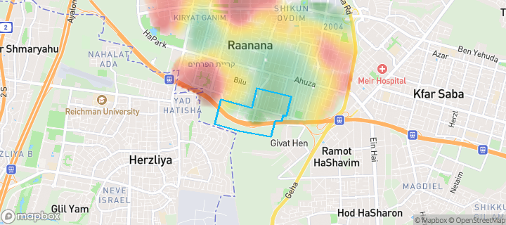 מפת חום של מחירי הנדל"ן בשכונת 2012, רעננה — אזורים יקרים בגווני חם, אזורים זולים בגווני קר
