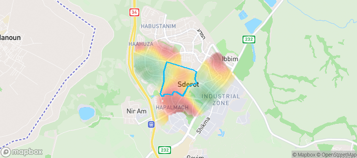 מפת חום של מחירי הנדל"ן בשכונת נאות המייסדים, שדרות — אזורים יקרים בגווני חם, אזורים זולים בגווני קר
